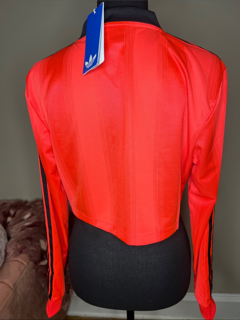 adidas Red Cropped V-Neck Long Sleeve Top with Black Accents - Picture 2 of 6